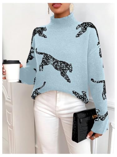 Image of WDIRARA Women's Leopard Tiger Print Sweater High Neck Long Sleeve Fuzzy Knitted Pullover Top
