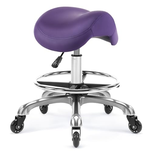 Image of Haku 506 Series Ergonomic Saddle Stool, Adjustable Pneumatic Swivel Rolling Stool with Wheels for Salon, Medical, Spa, Tattoo, Home and Office, English Violet