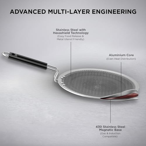 Image of Vinod SAS Pro Platinum Triply Stainless Steel Hybrid Tawa 25 cm | 4 mm Thick | HexaShield Design Stick-Resistant Surface | Metal Spatula Safe | Induction Compatible | Roti, Paratha Tawa | PFOA Free