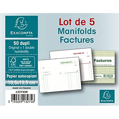 Exacompta - Réf. 13274SE - Lot de 5 manifolds FACTURES - sous film - 50 feuillets numérotés et autocopiants - duplicatas (1 original + 1 copie) - format 105...