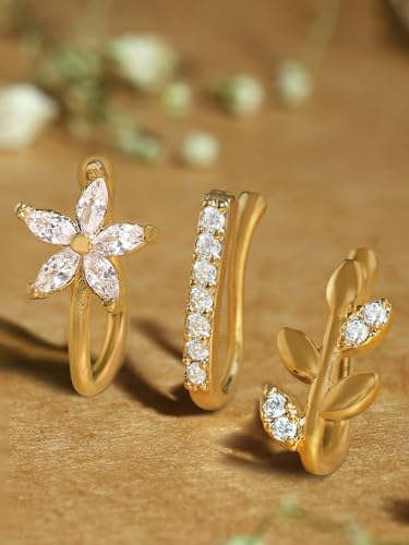 Image of ZAVERI PEARLS Set of 3 Gold Tone Cubic Zirconia Contemporary Brass Clip On Nose Pins For Women-ZPFK17365