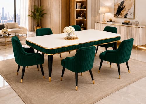 Image of WOODEN SPACE 6-Seater Wooden Dining Table Set | Nano Composite Marble Top | Solid Wood Base | Modern Dining Room Furniture with 6 Chairs (Dark Green Modern Zyro)