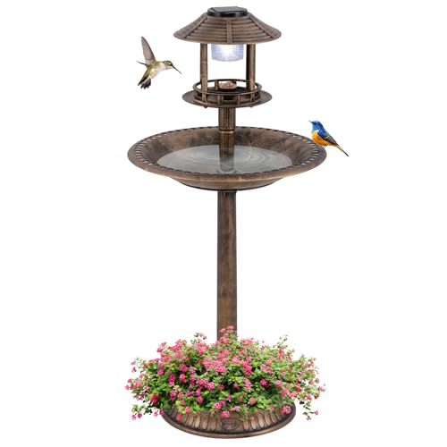 LDAILY Outdoor Bird Bath, 42’’ Solar Lighted Pedestal Birdbaths with Birds Feeder ,20’’ Water Bowl, Flower Planters and 3 Stakes, Attract Birds Antique Bird Bath for Outside Garden, Yard (Bronze, 42‘’)