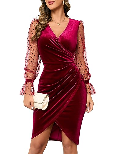 IHOT Women's Velvet Midi Dress Long Sleeve Wrap V-Neck Wedding