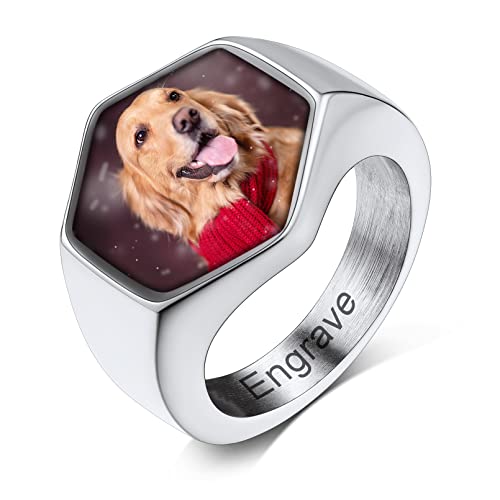 Custom4U Personalized Rings with Pictures Inside Custom Photo Ring Name Engraving Stainless Steel Signet Ring/Heart Ring Size 7-14 Customized Memorial Jewelry for Men Women (Gift Box) J-Hexa