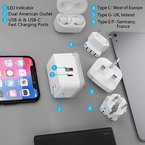 Ceptics European Plug Travel Adapter Set, 20W Pd & Qc, Safe Dual Usb & Usb-C - 2 Usa Socket - Compact - Use In Germany, France, Italy, Uk - Includes Type E/F, Type C, Type G Swadapt Attachments #TOP1