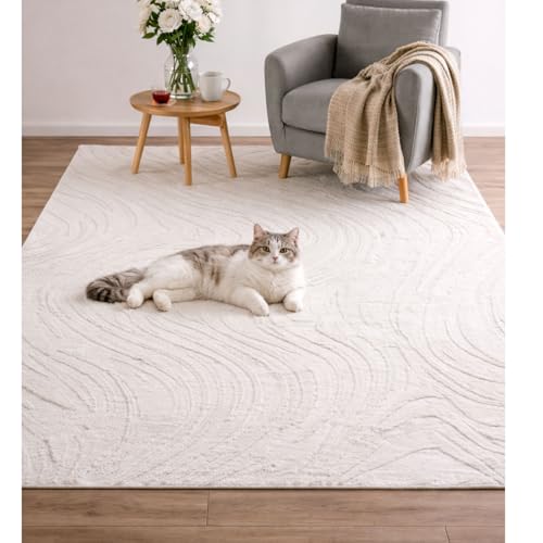 VIMODA Teppich Wohnzimmer Teppich Schlafzimmer 3D Effekt modern Weich kurzflor Wellenmuster Qualitativ,Farbe:Creme;Maße:160x230 cm