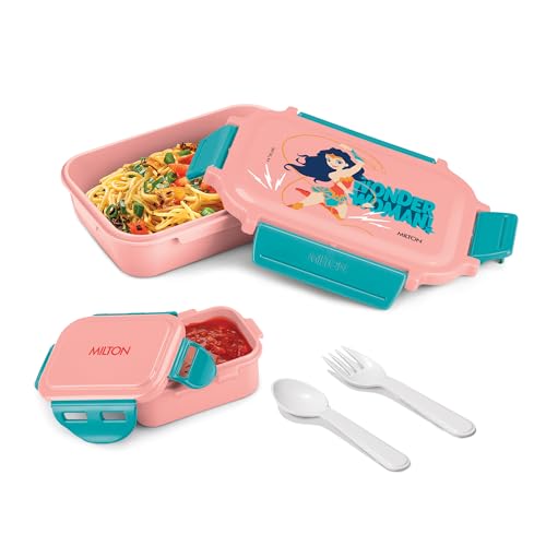 Image of MILTON Sherry Tiffin (DC) Lunch Box for Kids Boys & Girls with Leak-Proof Inner Container| Food Grade,BPA Free,Compact & Durable Snacks Box for Kids I Plastic Spoon & Fork, 520 ml, Pink