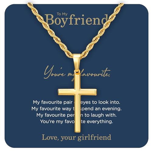 NORBU 18K Gold Over S925 Cross Necklace for Men with Greeting Card, Hypoallergenic Durable Stainless Steel Rope Chain, Christian Religious Gifts for Men