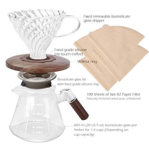 Image of Lalord Pour Over Coffee Maker, 20 oz Borosilicate Glass Set with 100 pcs V60 Paper Filter, Coffee Dripper with Walnut Collar, Carafe with Glass Lid, 1-3 Cups, Clear, (600 ml)