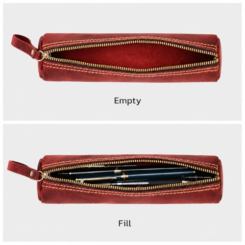 Image of ECHSRT Genuine Leather Pencil Pouch, Classic Cylinder Pen Bag - Red | Full-Grain Cowhide Leather, Crazy Horse Finish, Single Zipper, Vintage Pen Organizer for Adults