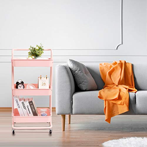 Danpinera 3 Tier Rolling Utility Cart With Hooks & Handle Storage Organization Shelves For Kitchen, Bathroom, Office, Library, Coffee Bar Trolley Service Cart, Pink #TOP4