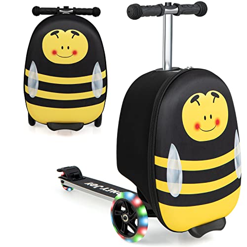 DREAMADE 2 en 1 Valise Pliable Enfant 19" en Coque Rigide Trottinette avec Roues Clignotantes LED,Pédale Aluminium Antidérapant Bagage à Main Voyage Enfant 5+ Ans (Abeille, Jaune) Cover