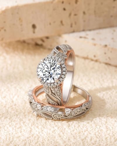 Image of Jeulia 4 Carat Openwork Ring Sets for Women 925 Sterling Silver Wedding Sets Rose Gold Round Cut Halo Engagement Ring White Diamond band CZ Solitaire Anniversary Promise Rings