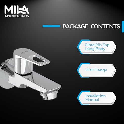 Image of Mila Floro Long Body Bib Tap with Wall Flange | Brass Body & Ceramic Disc | Chrome-Nickel Coating | Smooth Flow Aerator | inch BSP | Leak-Proof | Hard Water Resistant | Cold Water Use