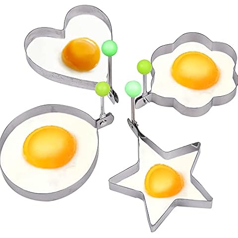 CUNYA 4 Pcs Egg Ring Egg Mold Pancake Maker with Handle, Star/Heart/Round/Plum Flower Stainless Steel Fried Egg Shaper Pancake Mold, Omelette Molds DIY Kitchen Tools for Frying Pans Cover
