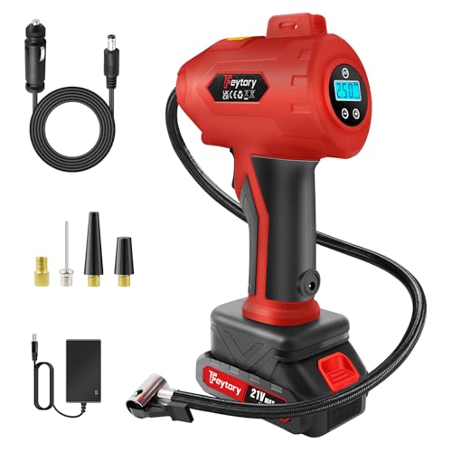 21V Cordless Tire Inflator Air Compressor, 180PSI Portable Handheld Air Pump with Digital Pressure Gauge, Rechargeable Battery Powered Fast Inflation for Cars, Motorcycles, Bikes & Sports Balls, Red