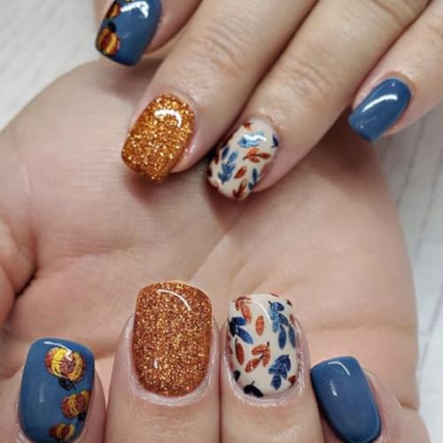 Thanksgiving Press on Nails Short Square Pumpkin Glitter Fake Nai...