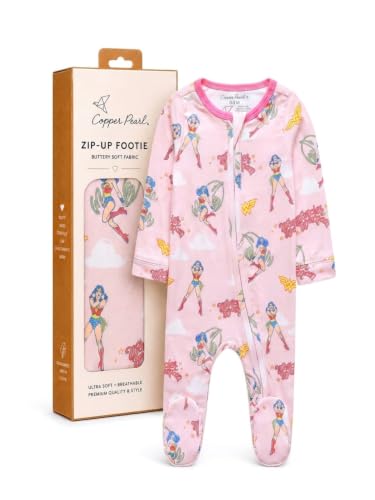 Image of Copper Pearl Zip-Up Footie Baby Pajamas - Soft Newborn Onesies for Boys & Girls, Tag-Free with Two-Way Zipper Baby Sleepers for Newborn - 24 Months, Wonder Woman