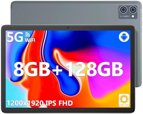 jumper 10 Inch Tablet, 8-Core Processor, 8GB RAM 128GB Storage, 1200p FHD IPS Touch Screen, Android 12 Tablets with Stereo Speakers, 13+5MP Camera, 6000mAh Battery, 5G WiFi, GPS, BT5.0, Type-C.