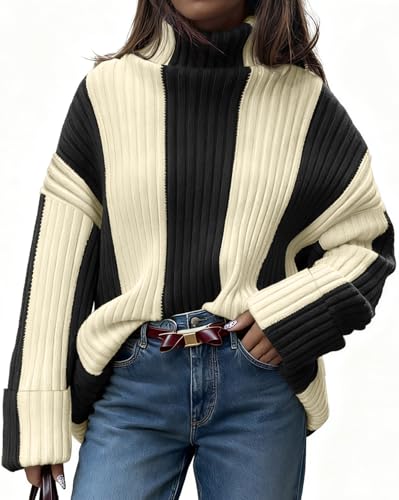 Saodimallsu Womens Turtleneck Sweater Color Block Striped Oversized Sweaters Winter Casual Trendy Pullover Tops
