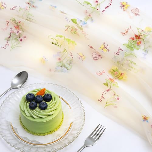 LOMOHOO Table Runner Beige 71x305cm Wedding Table Decoration with Embroidery and Tulle, Cheesecloth Table Runners Lace Tablecloth Sheer Embroidery Gauze for Bridal Shower Birthday Party Dining Table - Image 5