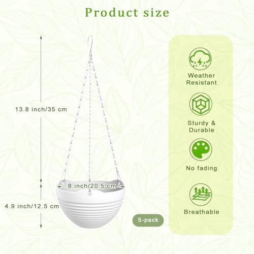Yuruihkao Set Of 5 Hanging Planters 8'' Hanging Plant Pots Baskets With Hanging Chains And Drainage Plugs For Flower Plant Lovers Come With Free Mini Garden Tools Set (White) (5 thumb #1