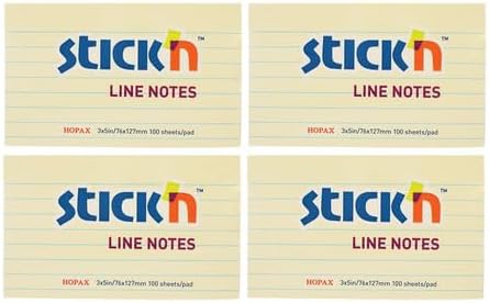 Stick'n Adhesive Sticky Notes with Lined Pastel 4 -Pieces, 76 mm x 127 mm Size, Yellow