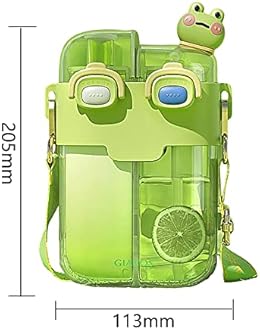 TIAASTAP Cute Water Bottle with Straw - Kawaii Kids Portable Plastic Drinking Bottle with Strap Aesthetic Stickers for School Travel Sports Outdoor (Green)