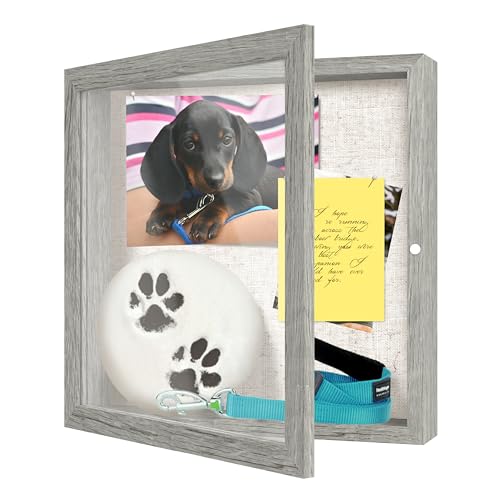 FrameWorks 11x11 Deep Shadow Box Frame, Wooden Display Case w. Linen Board & Tempered Glass Door - Grey Woodgrain - Square - Wall Mounted