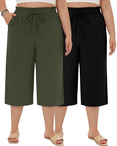 Neer 2 Pack Women's Plus Size Linen Capris Wide Leg High Waisted Drawstring Cropped Pants Beach Pants with Pockets2