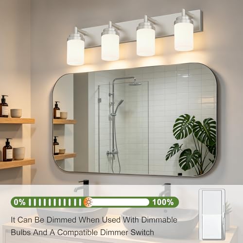 Image of Bathroom Light Fixtures, Brushed Nickel Bathroom Lighting Fixtures Over Mirror, Modern Vanity Light with White Glass Shade, Restroom Lighting Fixtures, 4-Light 30-inch