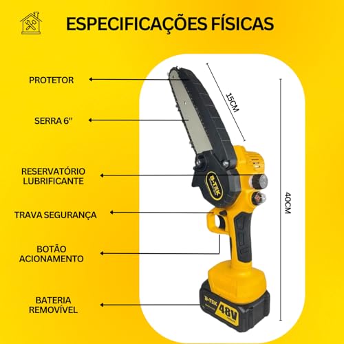 Motosserra Elétrica Sem Fio Portátil 600W Serra 6” Bateria 48V Bivolt Com Maleta Armazenagem Motor B