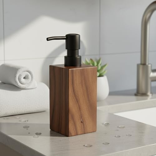 Dispensador de jabón y loción de manos de baño, Acacia, 10 onzas líquidas, marrón y negro