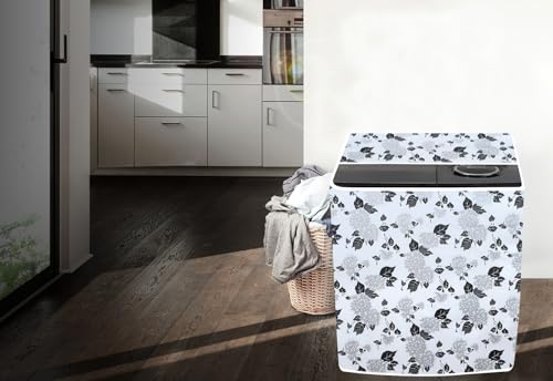 Image of The Furnishing Tree PVC Washing Machine Cover Compatible for Samsung 9.5 KG Semi-Automatic Top Loading WT95A4260GD /TL, Washing Machine Waterproof and dustproof, Floral Pattern Black & White