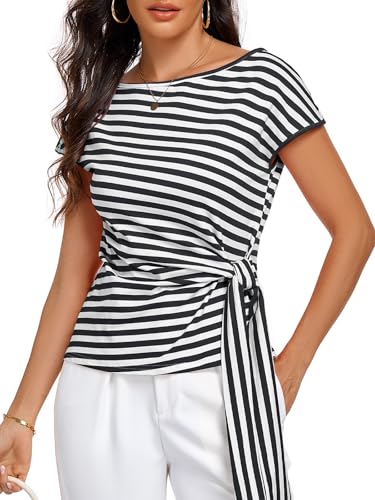 Image of HOTIAN Womens Cap Sleeve T Shirts 2026 Tie Waist Wrap Tops Crew Neck Blouses Dressy Casual Loose Work Business Dressy