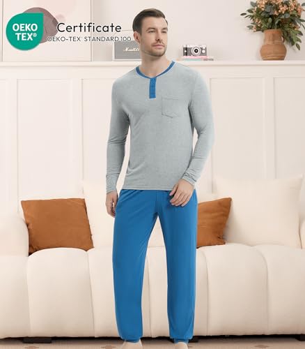 Image of NACHILA Mens Pajamas Set Long Sleeve Henley Sleepwear Top Soft Jogger Pants Pajamas Cool Pjs Set,Viscose Made from Bamboo