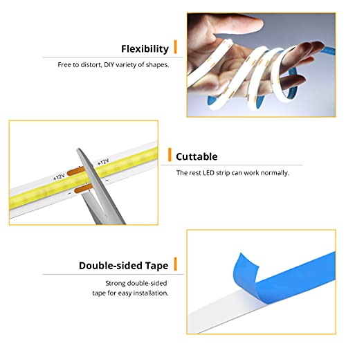 Image of AIMENGTE 5V COB LED Strip Light 6.56ft (2m), Dimmable, White, Cuttable, with Adhesive Backing - Flexible Strip Light for Kitchen cabinets, wardrobes, Shoe Racks, Bedroom Decoration