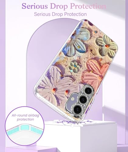 Image of VONZEE Compatible with Samsung Galaxy S24 5G Case, Laser Flower Oil Painting Design, Cute Colorful Blue Ray Bumper, Full Camera Protection, PC+TPU Glossy Shiny Protective Cover for Women & Girls, Pink