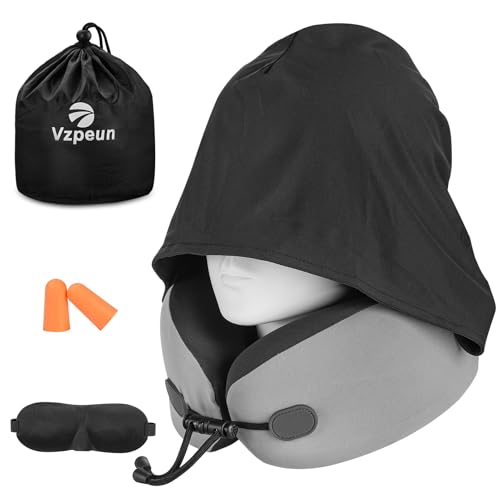 Vzpeun Neck Pillow for Travel - Hooded Memory Foam Plane Pillow for Airplane, Office, Cars Sleeping, Long Flight Must Haves, Portable Road Trip Essentials for Adults Gray