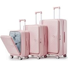 Campfun Luggage 3 Piece Sets, PC Lightweight 20in/24in/28in Luggage, Expandable Carry On Suitcase Set with TSA Lock & Double Wheels, Front Open Hardshell Luggage Sets with PVC Cover, Pink