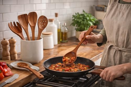 Image of Natural Wooden Spoon & Spatula Set for Cooking, Frying, Serving, Mixing, Turner, Ladle | 6 Pieces | Non Sticky | Heat-Resistant | Ecofriendly | No Polish, Chemical & BPA Free