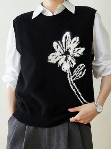 Wowcarbazole Women's Sweater Vest Crew Neck Sleeveless Ribbed Knitwear Casual Trendy Floral Knitted Vest Pullover Top3