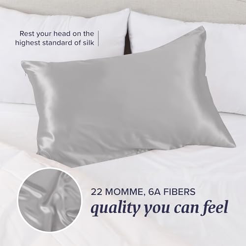 Image of Beckham Hotel Collection Silk Pillow Case with Zipper, 100% Mulberry Silk Pillowcase for Hair & Skin, 22 Momme 6A Grade, Oeko-TEX Certified, 1PC, King, Silver Cloud