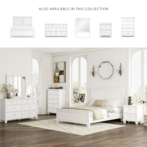 Image of Signature Design by Ashley Fortman White Wood Queen Panel Bed Frame | Modern farmhouse style, Durable hardwood solids and MDF substrate, Adjustable base compatible
