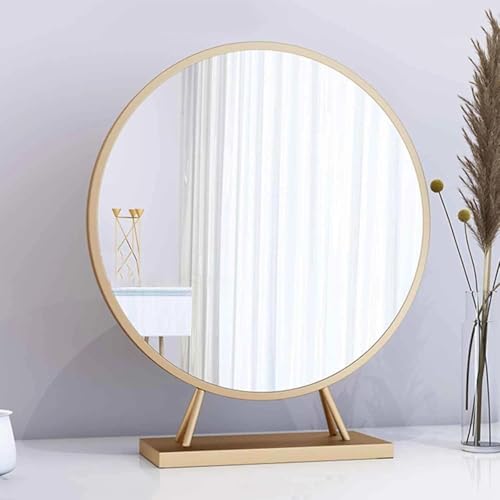 Round Vanity Mirror with Stand, Freestanding Makeup Mirror, HD Tabletop Mirror for Dressing Table, Bathroom & Dormitory, Large Round Mirror with Metal Frame (Gold)