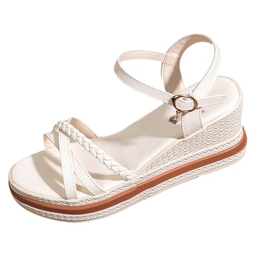 Generisch Sandalias casuales para mujer Moda Retro Plataforma Tacón Cuña Lazo Sandalias Romanas Tiras Para La Escuela Primavera Verano, Blanco, 41 EU