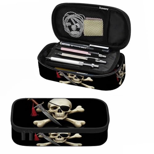 Image of Skull Pirate Pencil Case Crossbones Eye Halloween Day Of The Dead Black Pencil Bag Pouch Box Organizer for College School Students Boy Girl