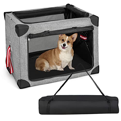 COSTWAY Hundebox faltbar klappbar, Transportbox Hunde Katzen, bis 20kg, Tragbare Hundekiste mit abnehmbarem Pad & Tasche, Katzenbox aus Oxford-Gewebe & Metallrahmen, Grau+schwarz (L-80 x 59 x 59 cm)