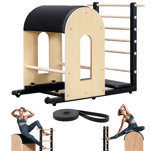 Wooden Pilates Ladder Barrel, Core Exercise Equipment with Resistance Bands, Spine Corrector Machine for Home Workout, Balance, Stretching Black